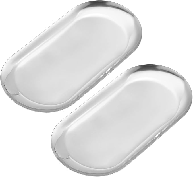 uxcell 2pcs Stainless Steel Decorative Trays, Bathroom Trays, Makeup Cosmetic Trays, Small Serving Trays for Candles Dessert Tray(Silver, 7 x 3.3 Inch)