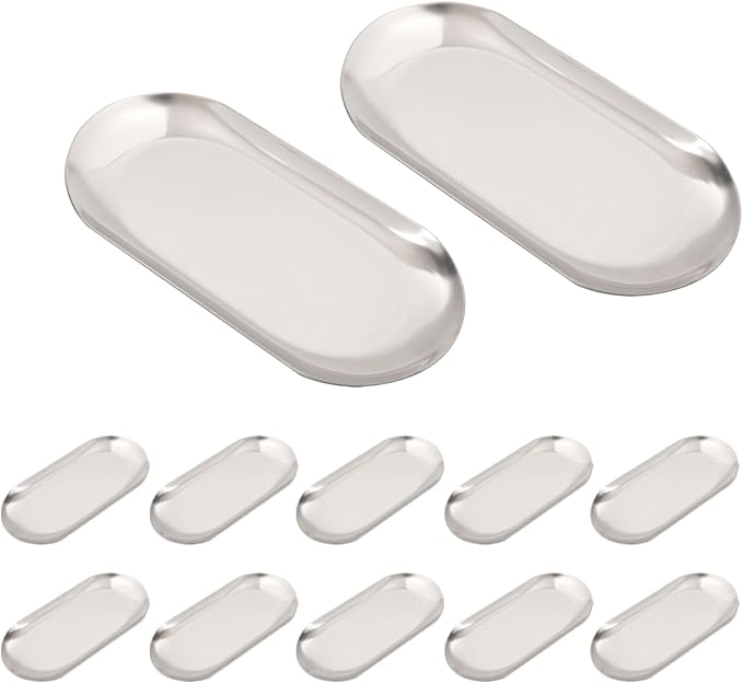 10 Pack Stainless Steel Decorative Tray, Thicken Silver Decorative Tray 7 inch, Oval Jewelry Dish Bathroom Vanity Tray Small Serving Tray Candle Holder Cosmetics Tray Perfume Tray
