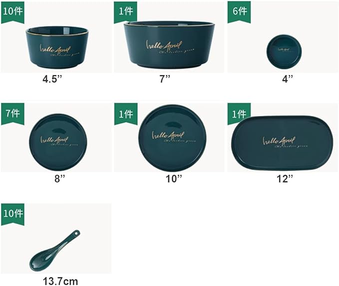 Nordic Dark Green Dinnerware Set Creative European Ceramic Tableware with Bowl Plate Service for 6，Green white-36pcs