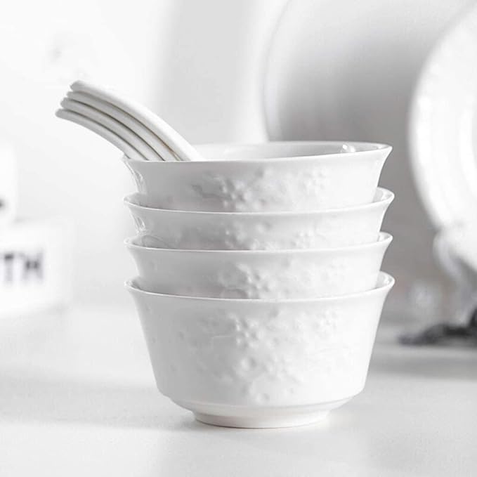 Ceramics Dinner Sets,Bowl/Dish/Plate 44 Pieces Dinnerware Embossed Pattern Tableware Set White -Family Party and Kitchen Restaurant Plates