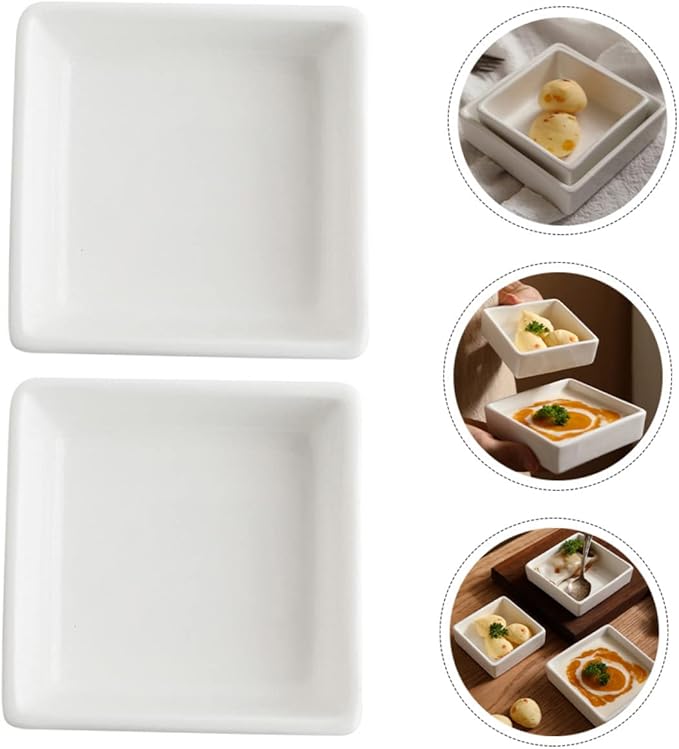 PRETYZOOM 2Pcs Ceramic Square Dessert Bowls for Sauce Snacks Pudding and Appetizers Kitchen Storage Plates for Home Restaurant Buffet and Hot Pot Use