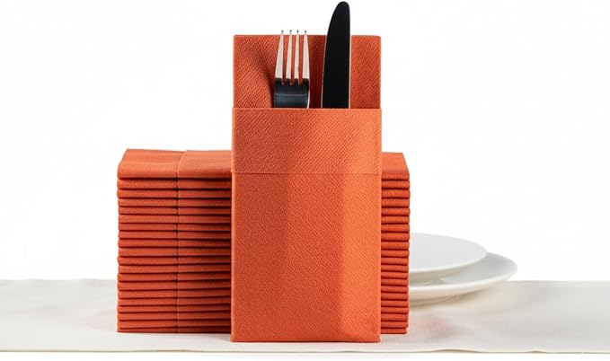 Terracotta Dinner Napkins Cloth Like with Built-in Flatware Pocket, Linen-Feel Absorbent Disposable Paper Hand Napkins for Kitchen, Bathroom, Parties, Weddings or Events, 16x16 inches, Pack of 50