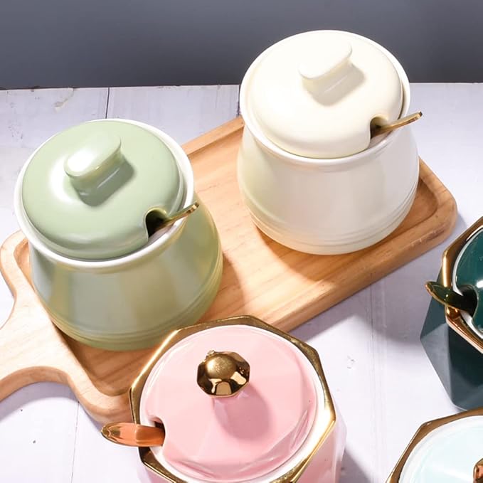 Sugar Bowl with Lid and Spoon, Ceramic Sugar Bowl,Multi-Function Sugar Container Spice Container Salt Jar Condiment Bowls Sugar Jar for Kitchen Storage Organization (Yellow)
