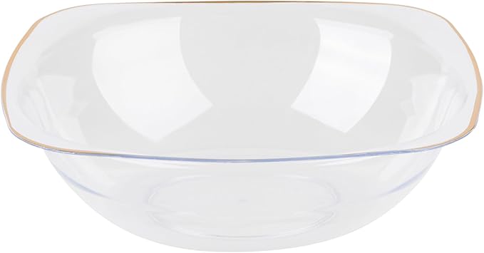PLASTICPRO Clear Plastic Organic Party Square Soup bowls Clear With Gold Rim Elegant Disposable Tableware Dishes 16 OZ 32 Count