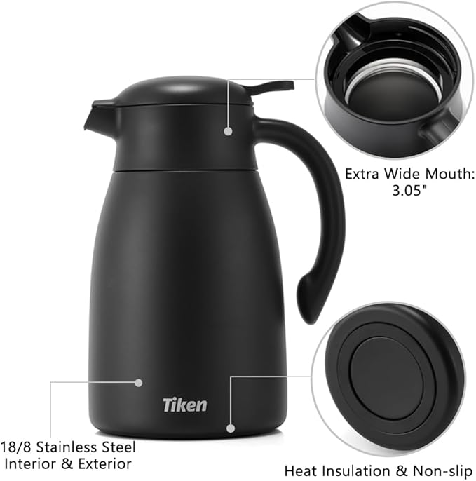 Tiken 68 Oz OpenClean Thermal Coffee Carafe, Stainless Steel Insulated Vacuum Coffee Carafes For Keeping Hot, 2 Liter Beverage Dispenser (Black)