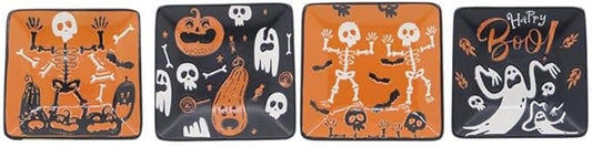 Blue Sky Clayworks Happy Boo Appetizer Plates, Ceramic, Set of 4, 6-Inch Square Each, Ghosts & Skeletons Parade