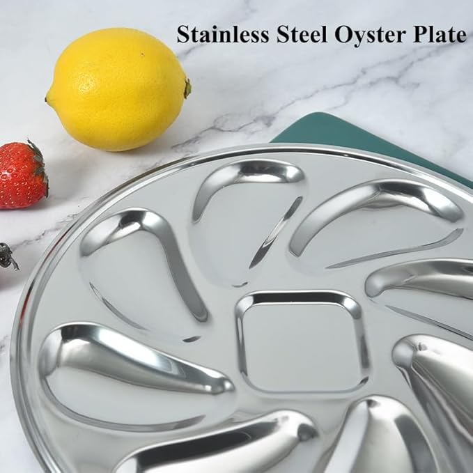 6 Packs Stainless Steel Oyster Plate with 6 Forks and Oyster Knife, 9.09in Round Oyster Serving Tray with 8 Compartments, Food Grade Metal Platter for Seafood, Mussels, Clams