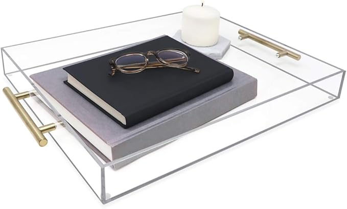Isaac Jacobs Clear Acrylic Serving Tray (14x18) with Gold Metal Handles, Spill-Proof, Stackable Organizer, Food & Drinks Server, Indoors/Outdoors, Lucite Storage Décor (14x18, Clear with Gold Handle)