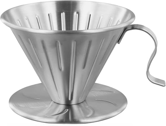 304 Stainless Steel Coffee Dripper with Holder, Reusable Pour Over Filter Cup for Mugs and Jugs, Ergonomic Handle, Food-Grade Safe, Dishwasher Friendly, Silver