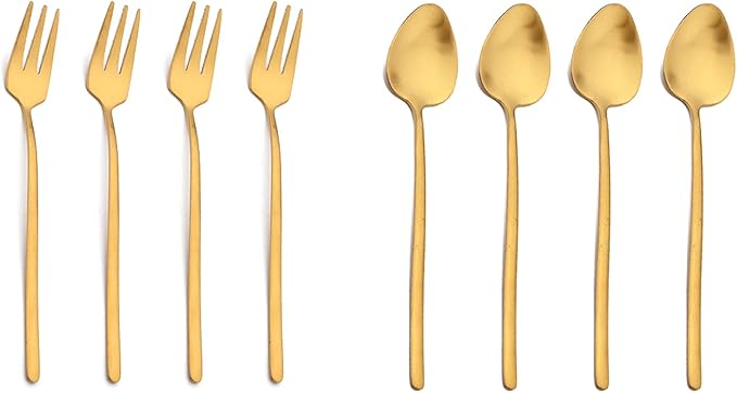 JASHII Modern Design 304 Stainless Steel 5.3" Tea Fork Set,3 prong Small Cake Fruit Forks and 5.4" Coffee Spoons Frosted Handle for Coffee Ice Cream Sugar Parties Events Wedding - Gold
