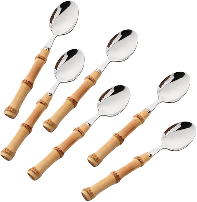 6-Piece Bamboo Silverware Set, Stainless Steel Flatware Hostess Serving Set Bamboo Utensils Tableware Set for Home Camping Travel Hotel - 6pcs Teaspoon
