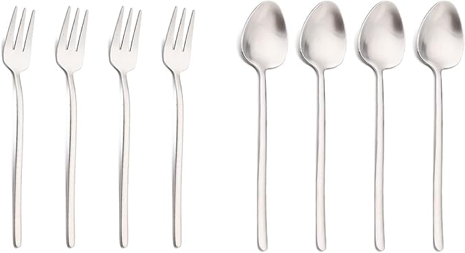 JASHII Modern Design 304 Stainless Steel 5.3" Tea Fork Set,3 prong Small Cake Fruit Forks and 5.4" Coffee Spoons Frosted Handle for Coffee Ice Cream Sugar Parties Events Wedding - Silver