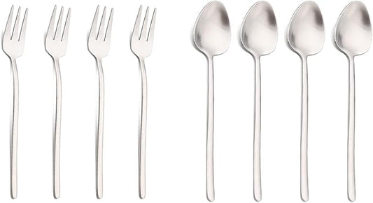 JASHII Modern Design 304 Stainless Steel 5.3" Tea Fork Set,3 prong Small Cake Fruit Forks and 5.4" Coffee Spoons Frosted Handle for Coffee Ice Cream Sugar Parties Events Wedding - Silver