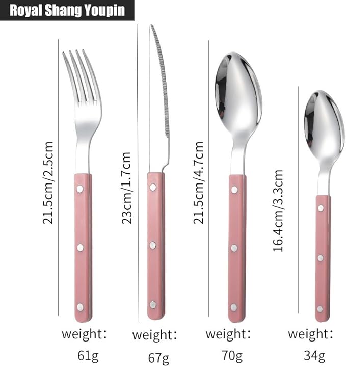 Rivet ABS Clamp Handle Kitchen Stainless Steel Silverware Tableware Flatware Cutlery Set Steak Knife Fork Spoon Teaspoon Western Tableware Butter Knife Set (Pink,16 pieces)