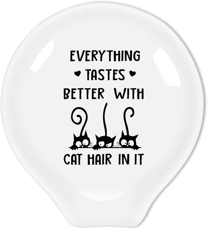 Funny Black Cats Coffee Spoon Rest-Black and White Ceramic Coffee Spoon Holder-Every Thing Tastes Better With Cat Hair Sign-Gifts for Cat Lovers