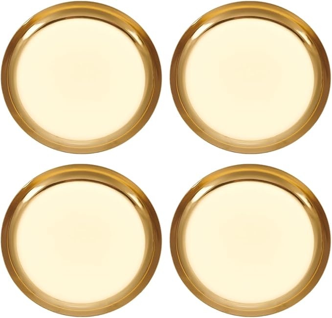 4 Pack 3.9 Inch Round Gold Serving Platters Metal Soy Sauce Tray 410 Stainless Steel Small Seasoning Dish Plate Storage Tools for Kitchen Cooking Sushi Dipping Appetizer Plates Jewelry Holder