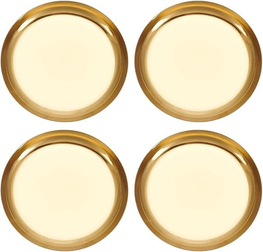 4 Pack 3.9 Inch Round Gold Serving Platters Metal Soy Sauce Tray 410 Stainless Steel Small Seasoning Dish Plate Storage Tools for Kitchen Cooking Sushi Dipping Appetizer Plates Jewelry Holder