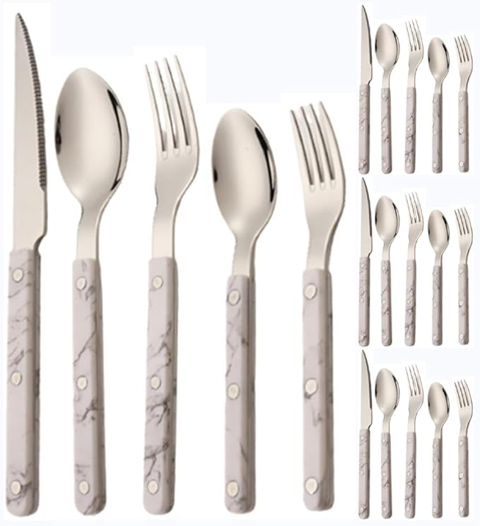 ABS Rivet Handle Marble Pattern Handle Kitchen Stainless Steel Silverware Tableware Flatware Cutlery Knives Forks Spoons Set,Butter Knife Dessert Spoon Fork (5-piece set -4 set,Marbling)