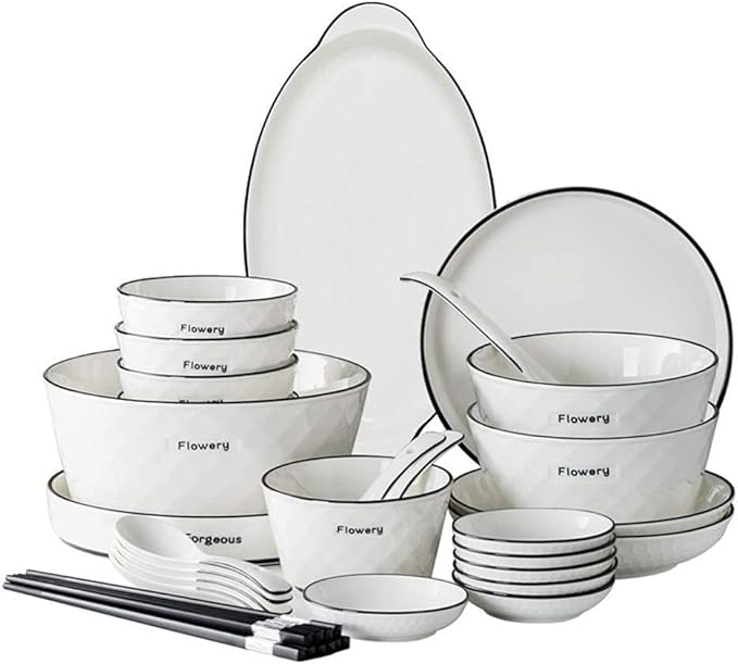 60 Pieces White Dinnerware Set Dishes - Dinner Plates and Bowls Sets Service for 12, Luxury Ceramic Dishes Set, Nordic Style Black Line Diamond Pattern, for Family Friend (White 35 Pcs)