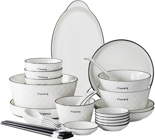 60 Pieces White Dinnerware Set Dishes - Dinner Plates and Bowls Sets Service for 12, Luxury Ceramic Dishes Set, Nordic Style Black Line Diamond Pattern, for Family Friend (White 35 Pcs)