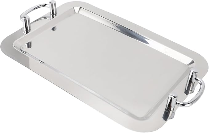 Dioche Steel Serving Tray Stainless Steel Platter with Handle – Multifunction Portable Serving Tray for Restaurant & Hotel Buffet, Rectangle Shape, 47.5cm (Rectangle Shape with Silver Handle, 47.5cm)