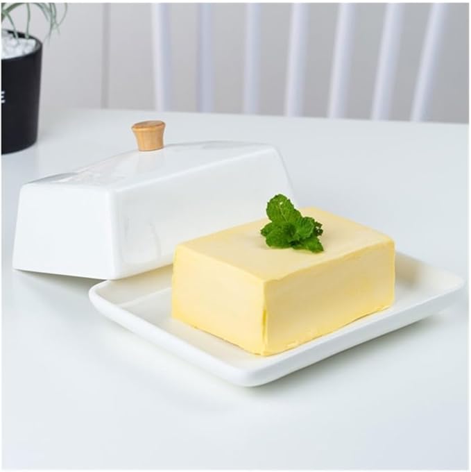 Butter Dish Creative European Style Simple Ceramic Butter Box with Lid Plate Dish Wooden Handle Snack(Small)