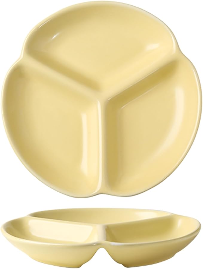 Cutlery Tray Divided Plates 7/9-inch Ceramic Snack Dish 3 Grid Plate Appetizer Serving Platter Sushi Dipping Dish (Color : Yellow, Size : 9")