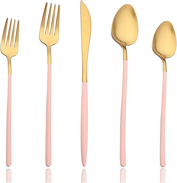 JASHII Matte Pink and Gold Silverware Set, 304 Stainless Steel Flatware Set Service for 4, Tableware Cutlery Set for Home Restaurant Party, Dinner Forks/Spoons/Knives, Slim Handle, Dishwasher Safe