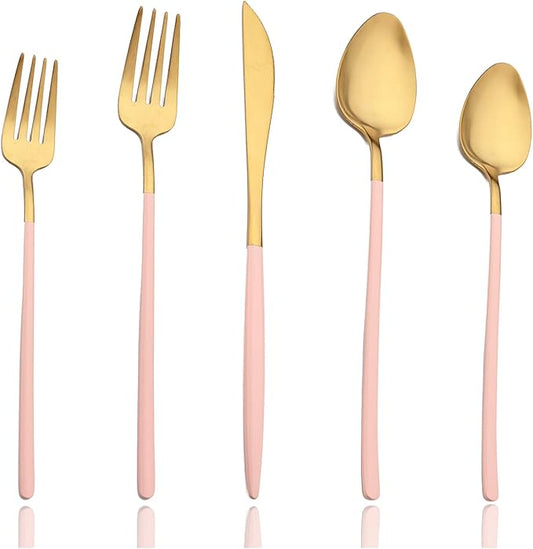 JASHII Matte Pink and Gold Silverware Set, 304 Stainless Steel Flatware Set Service for 4, Tableware Cutlery Set for Home Restaurant Party, Dinner Forks/Spoons/Knives, Slim Handle, Dishwasher Safe
