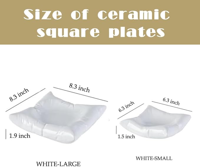 8 Inch White Ceramic Square Dinner Plate, Creative Appetizer Plates for Wedding Kitchen Party Decor, Fun Pillow-Shaped Dessert Plates for Salad, Bread, Fruit