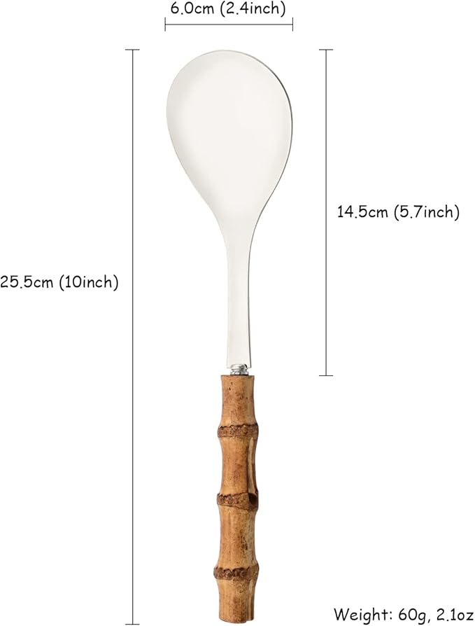 Natural Bamboo Handle Serving Spoons Set of 6, Large Size Stainless Steel Dinner Buffet Catering Banquet Serving Spoons, 10.0" Silver Big Ladle Tablespoons for Home, Family Serving Utensils