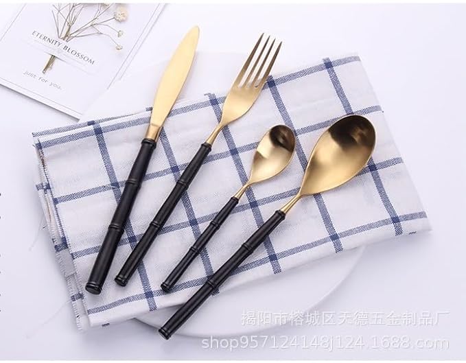 Stainless Steel Flatware serving set,Home Kitchen Eating Tableware Set,Dishwasher Safe,For Home Kitchen Restaurant Hote 4/16/24 Piece Creative 304 Stainless Steel Knife And Fork Black Gold Bamboo West
