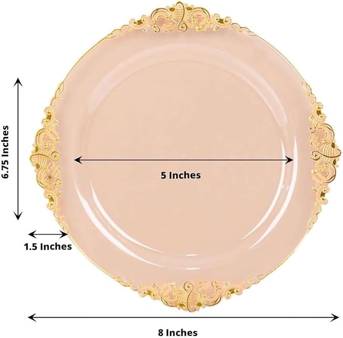 8" Salad Plates -Set of 20 - Plastic Transparent Blush Round Baroque Disposable Chargers Leaf Embossed Rim, Ideal for Dinner Party Wedding Bulk Events