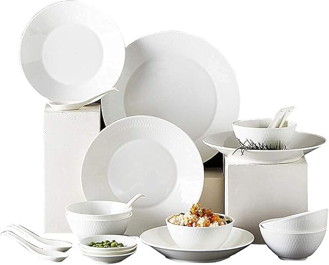 Fine Dinnerware Set,White Porcelain Dinnerware Set, Ceramic Plates and Bowls Sets, Vintage Round Dishes Set Dinner Plates for Kitchen/Dining, Service for 6