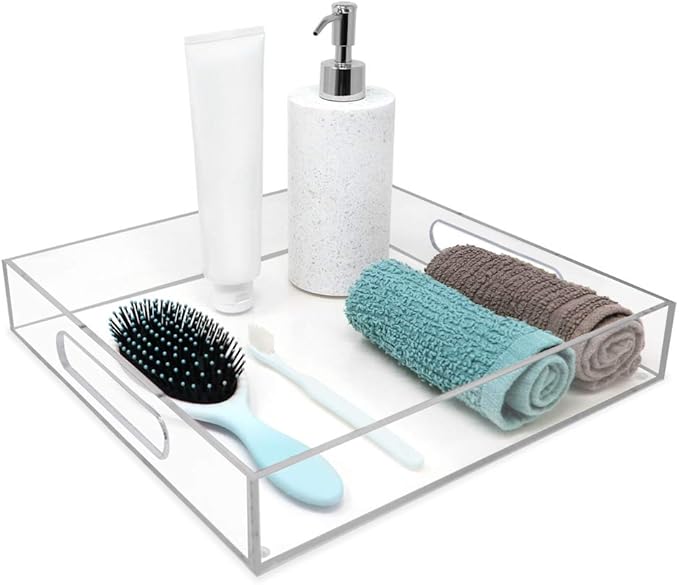 Isaac Jacobs Clear Acrylic Serving Tray (12x12) with Cutout Handles, Spill-Proof, Stackable Organizer, Space-Saver, Food & Drinks Server, Indoors/Outdoors, Lucite Storage Décor & More