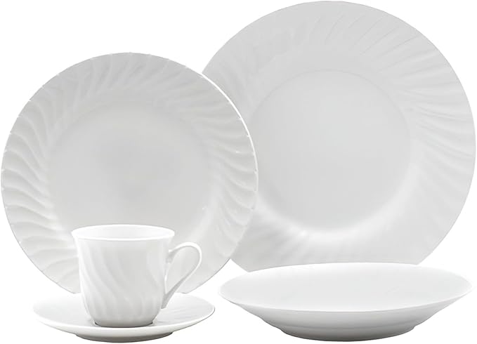 Lynns Paradise Imperial White 40pc Dinnerware Set Embossed Swirl Porcelain, Elegant Versatility, Glossy Classic Finish Service for 8 with Dinner Plates, Bowls, Cups, and Saucers