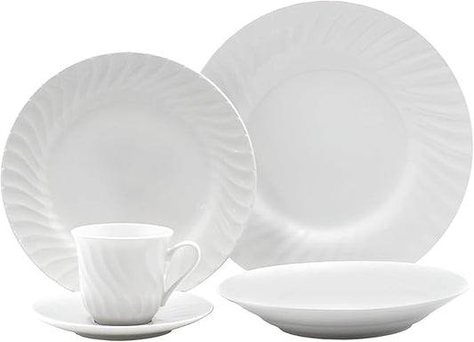 Lynns Paradise Imperial White 40pc Dinnerware Set Embossed Swirl Porcelain, Elegant Versatility, Glossy Classic Finish Service for 8 with Dinner Plates, Bowls, Cups, and Saucers