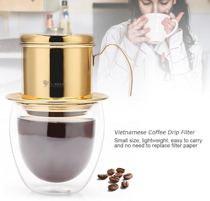 Vietnamese Coffee Dripper, Stainless Steel Vietnamese Coffee Maker Powder Capacity 15g, Heavy-Duty Small Phin Drip Filter, Dishwasher Safe, Home Use, Travel, Camping, Gift Sets (Gold)