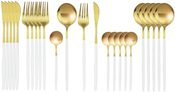 JASHII Matte Finished 24 Pieces Silverware Flatware Cutlery Set, Full Set Flatware Durable, Stainless Steel Tableware Silverware Service for 6 Dishwasher Safe(White Handle Gold)