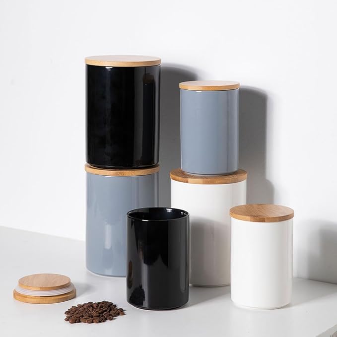 Sweejar Kitchen Ceramic Food Storage Containers Set, Stackable Canisters for Countertop with Airtight Boomboo Lids for Serving Ground Coffee, Tea, Sugar, Salt and More- Set of 2 (Black)