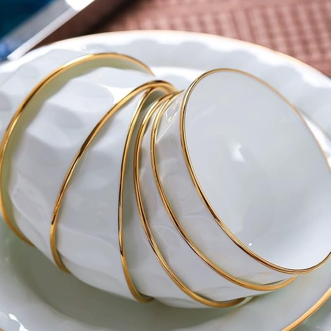 60Pcs Bone Dinnerware Sets White Moonlight with Gold Trim Ceramic Plates Bowls and Serving Set for Home Use and Dining,