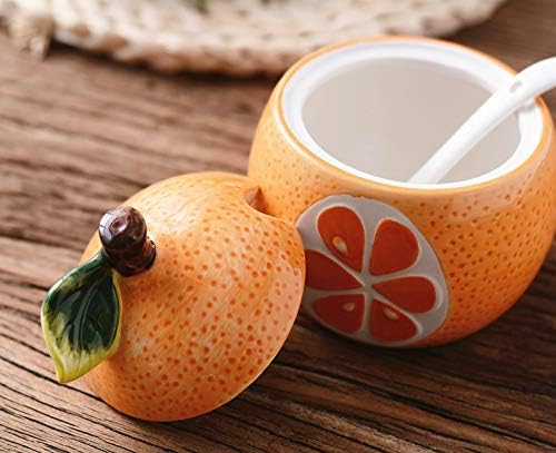 Ceramics Fruit Shaped Sugar Bowl Salt Pot Pepper Storage Jar with Lid and Spoon Seasoning Box Condiment Pots (Orange Pomelo)