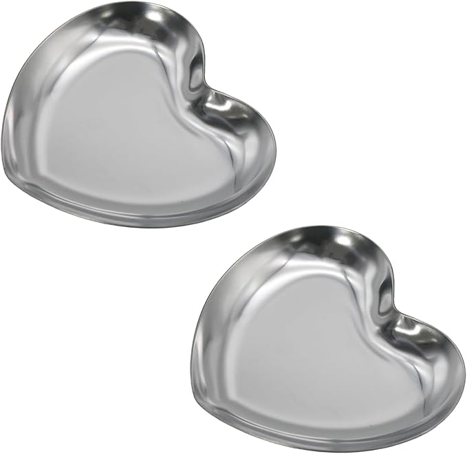 PINE & LINEN 2pcs Silver Jewelry Dish,3.5inch Stainless Steel Heart Trinket Tray Decorative Plate,Small Serving Tray for Home Decor/Decor Enthusiasts