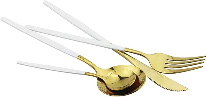 JASHII 24 Piece Titanium White And Golden Plated Stainless Steel Flatware Set, White Handle With Golden Mouth Silverware Set White And Golden Cutlery Set Service for 6 (Handle White,Shiny Golden)