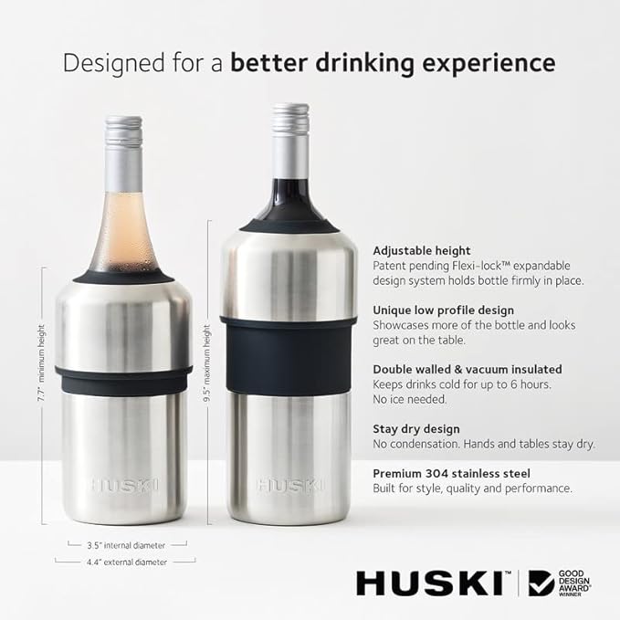 Huski Wine Chiller | Award Winning Iceless Design | Keeps Wine Cold up to 6 Hours | Wine Accessory | Next Generation Ice Bucket | Fits Some Champagne Bottles | Perfect Gift for Wine Lovers (Black)