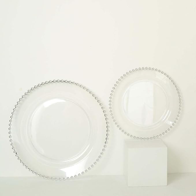 Efavormart 10 Pack | 8" Clear/Silver Beaded Rim Plastic Dinner Plates, Disposable Round Party Plates