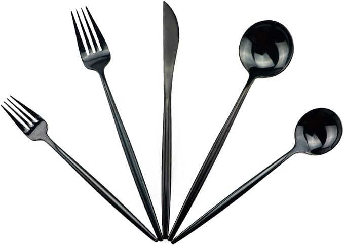 Gugrida Portable Silverware Set - 5-Piece Flatware Cutlery Set - 18/10 Stainless Steel - Mirror Polishing Black - Travel Elegant Modern Utensils - Service for 1 Include Steak Knife Dinner Fork Spoon