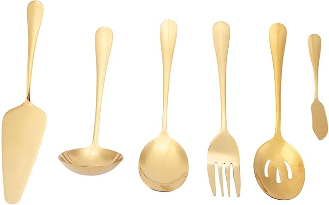 6-Piece Serving Flatware Silverware Set, Serving Utensil Set,Include Cake Server, Slotted Serving Spoon Gold
