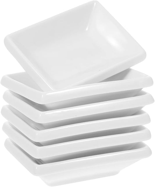 Cabilock 6Pcs Soy Sauce Dish - Ceramic Dipping Sauce Bowls, 3 Inch Rectangle Mini Appetizer Plates, White Pinch Bowls for Ketchup, Vinegar, BBQ, Sushi, Dumpling