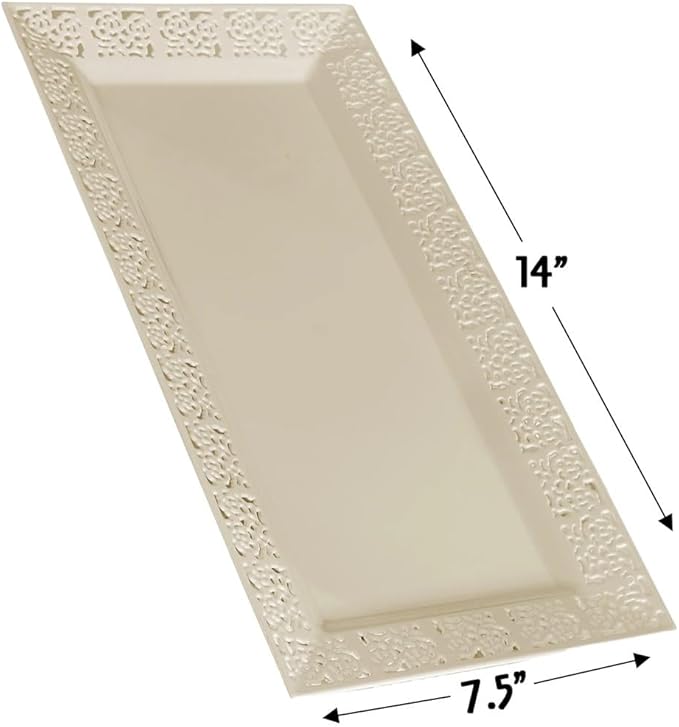 SILVER SPOONS Elegant Lace Plastic Serving Trays (6 PC), Disposable Plastic Trays and Platters for Party - 14” x 7.5”, Serves Snacks, Desserts, Sweets, Perfect for celebrations & events - Ivory